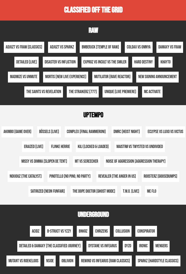 Classified Off The Grid
line up
